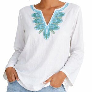 For Cynthia Linen Tunic Blouse Women Size M Boho Embroidered Peasant Top Peasant